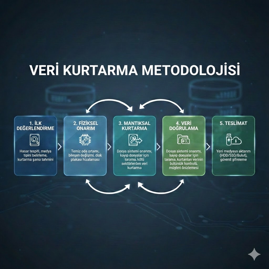 Veri kurtarma metodolojisi: değerlendirme, fiziksel onarım, mantıksal kurtarma, doğrulama, teslimat