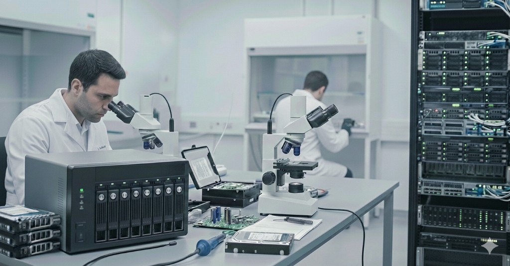 Veri kurtarma laboratuvarı — mikroskop, sunucu ve ekipman